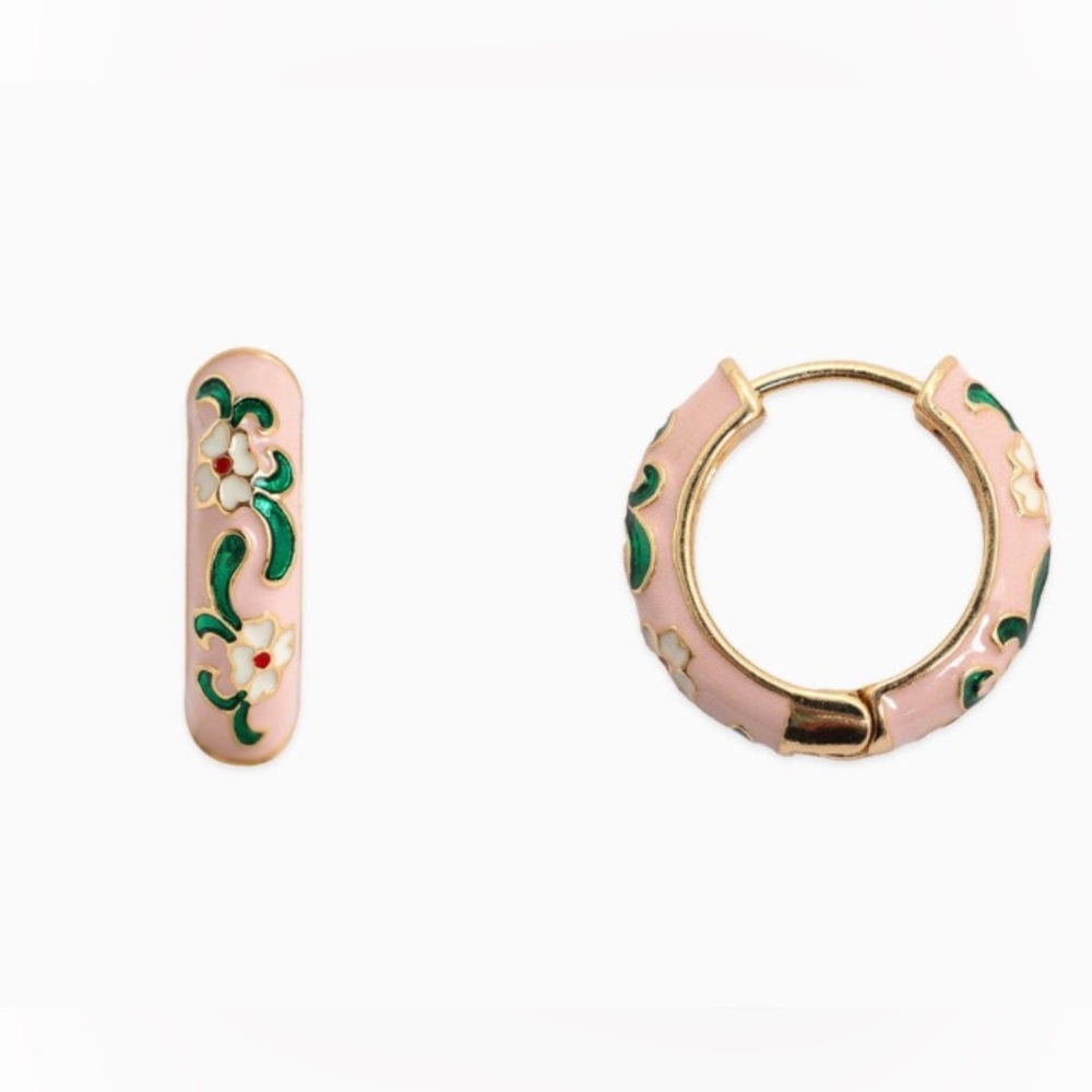 Chic Gold Plated Floral Pink Hoop Earrings. New. - Picture 6 of 9